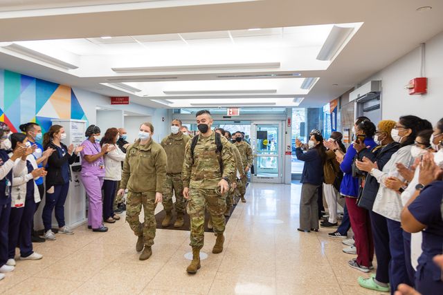 Military medical team arrives at Coney Island Hospital for orientation and is greeted by ovation from staff, January 22nd, 2022.